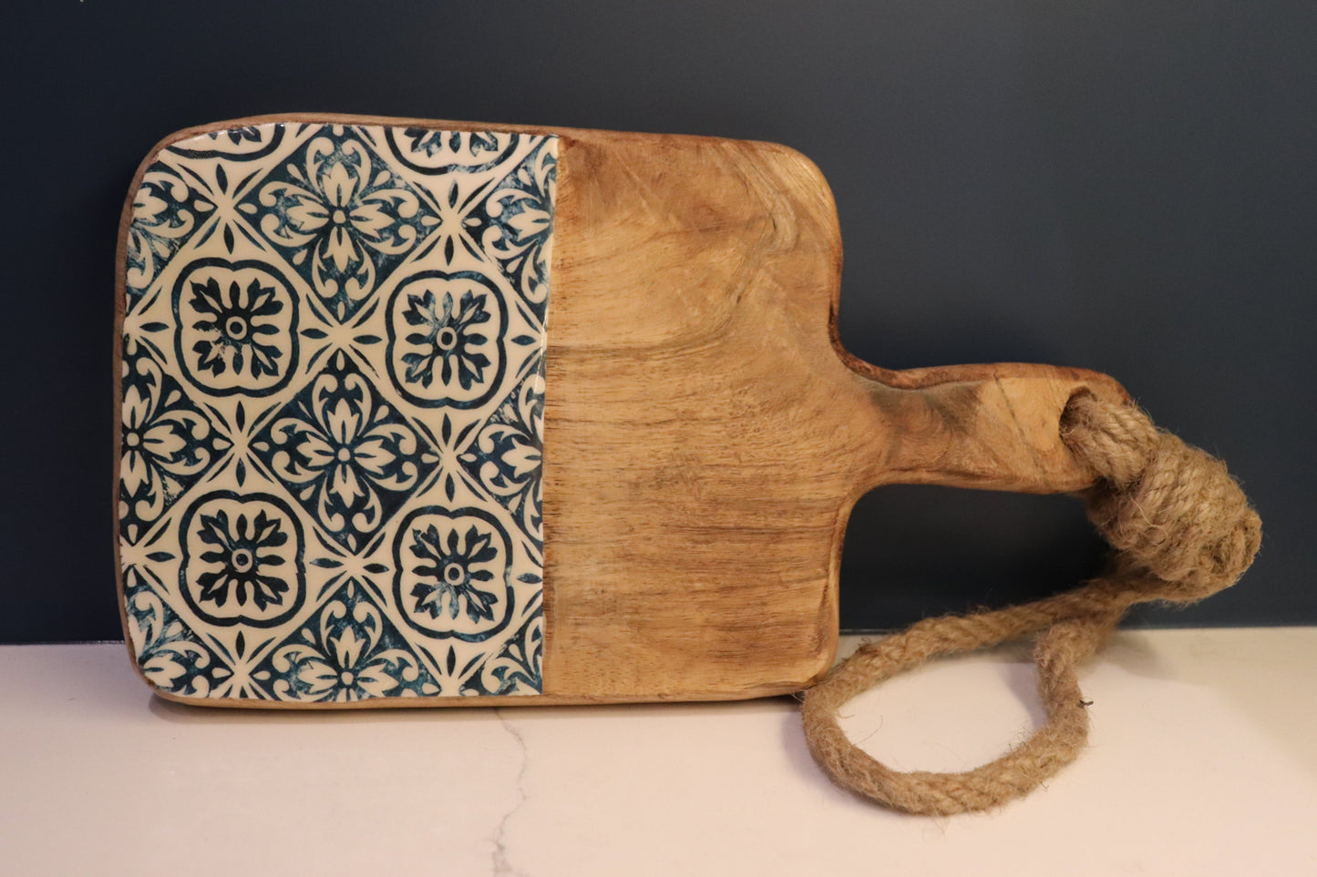 Wooden Serving Board with Blue Design