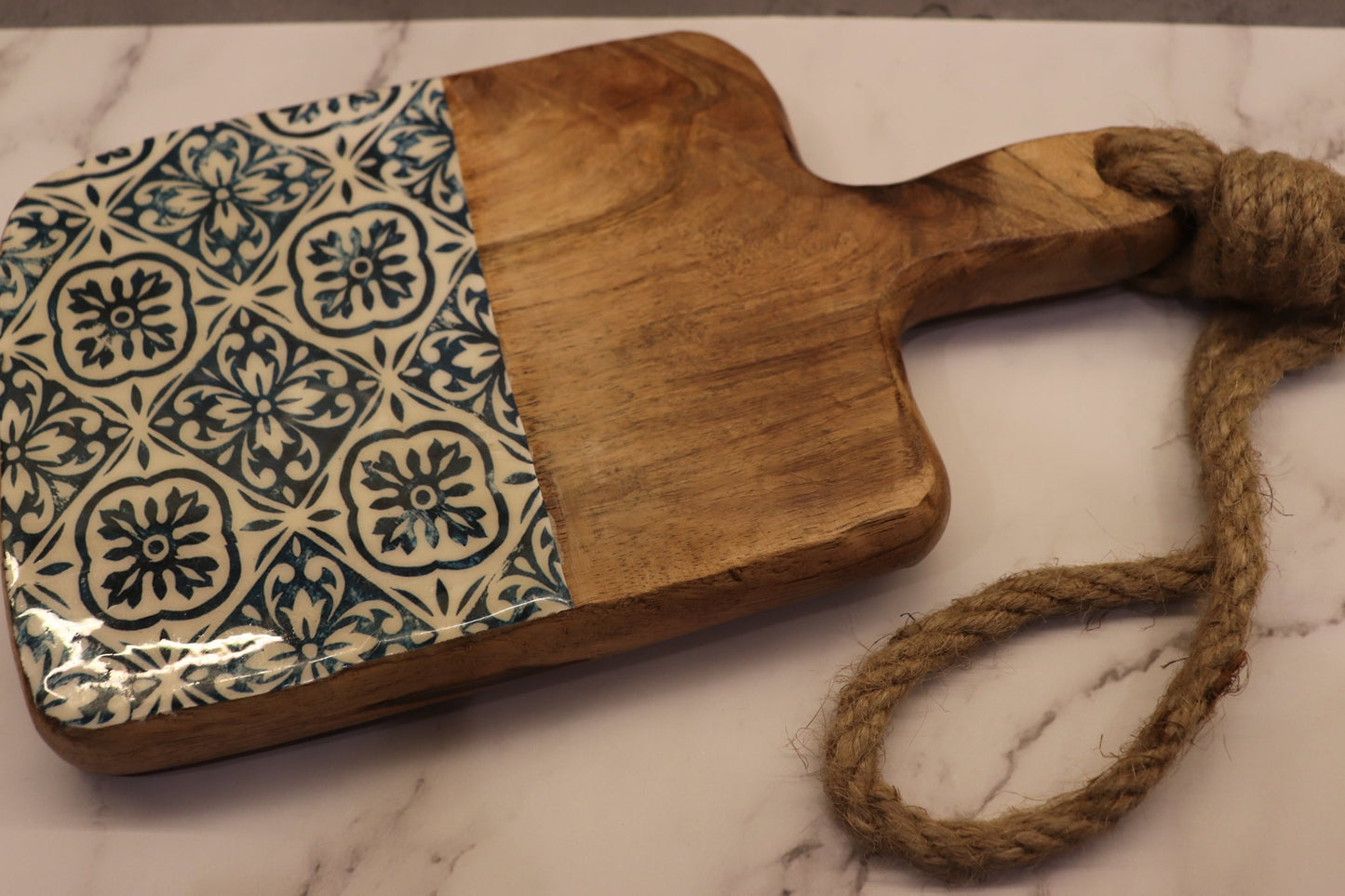 Wooden Serving Board with Blue Design