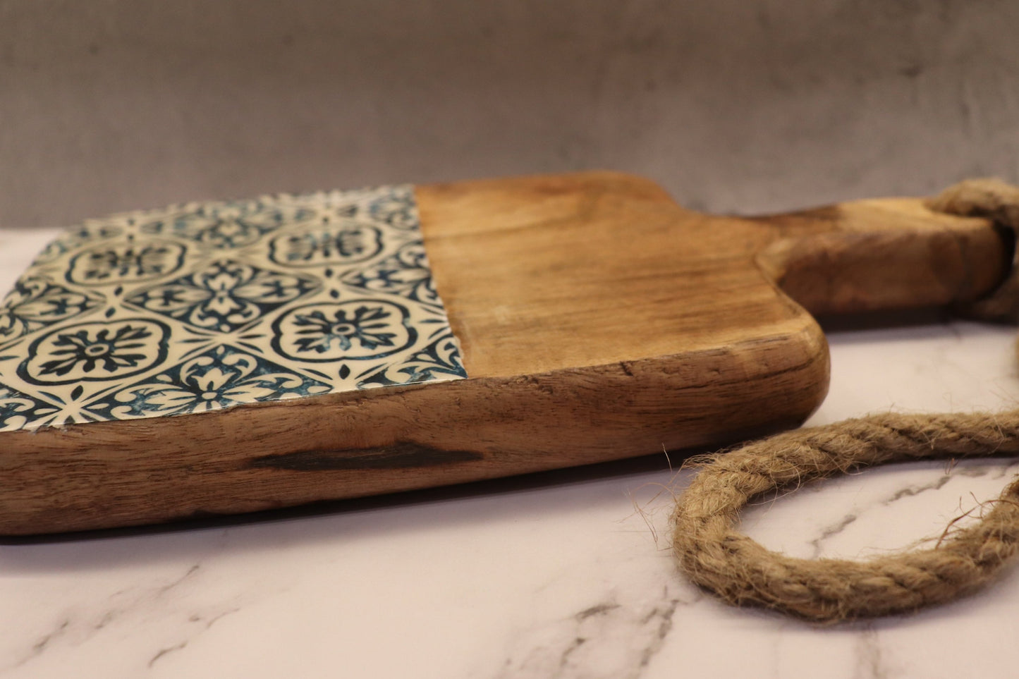 Wooden Serving Board with Blue Design