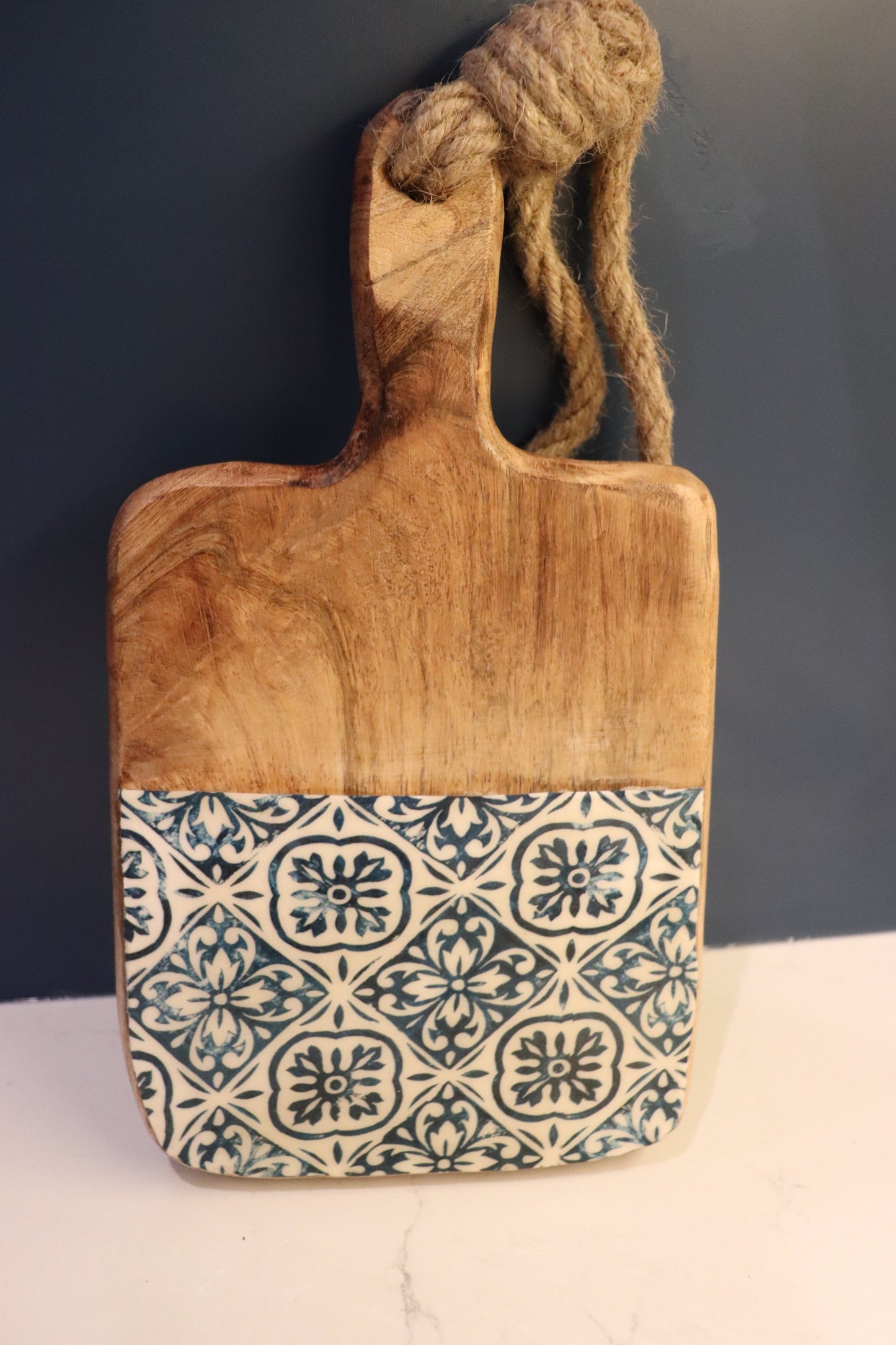 Wooden Serving Board with Blue Design