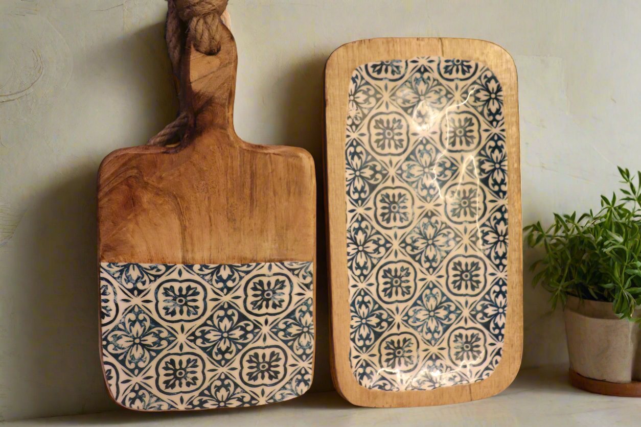 Wooden Serving Board with Blue Design
