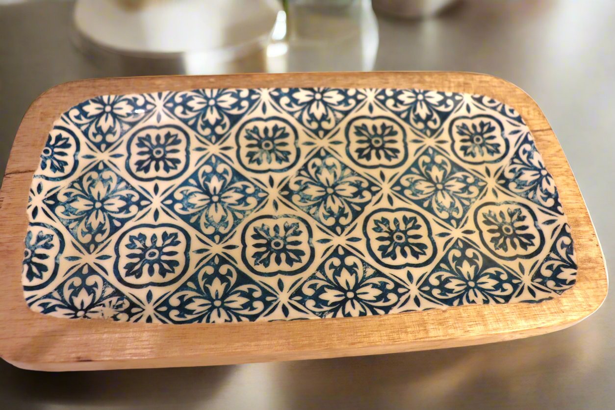 Wooden Platter with Blue print