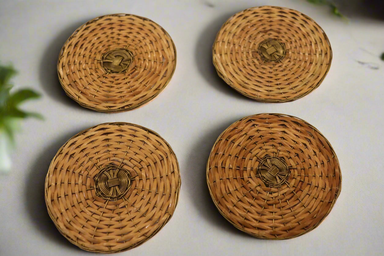 Round Cane and Brass Coasters (Set of 4)
