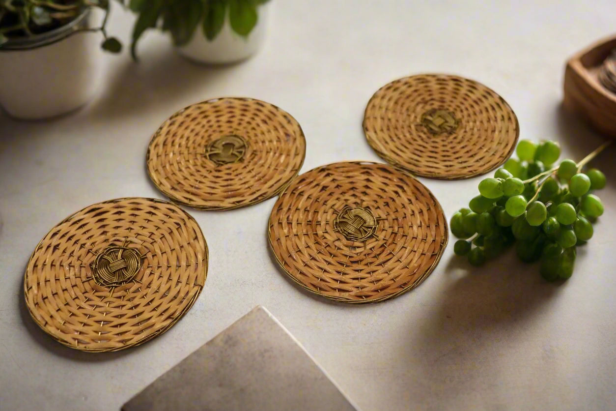 Round Cane and Brass Coasters (Set of 4)