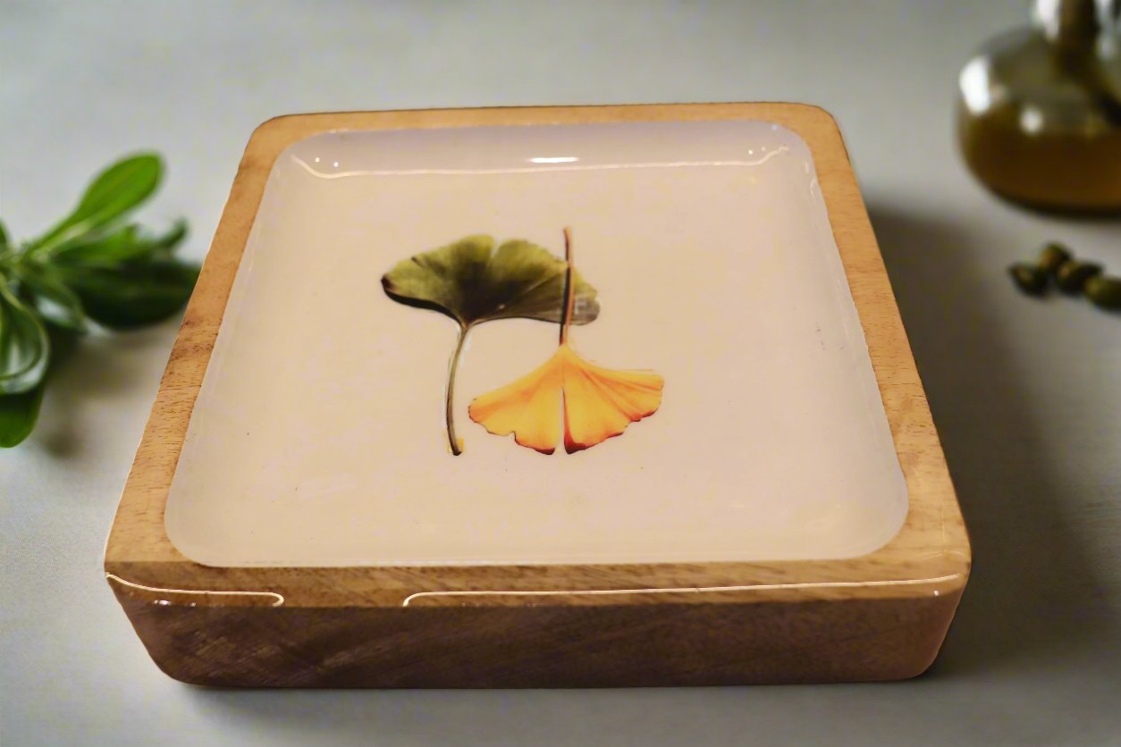 Ginkgo Patterned Wooden Chunky Square Platter