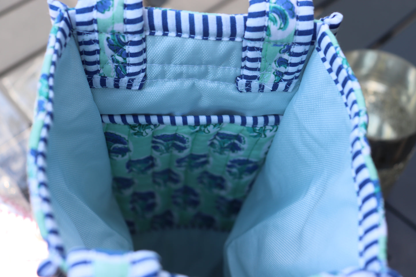 Jaipur Breeze Quilted Wine Tote Bag – Block Print Bottle Carrier, Reusable Cotton Hostess Gift