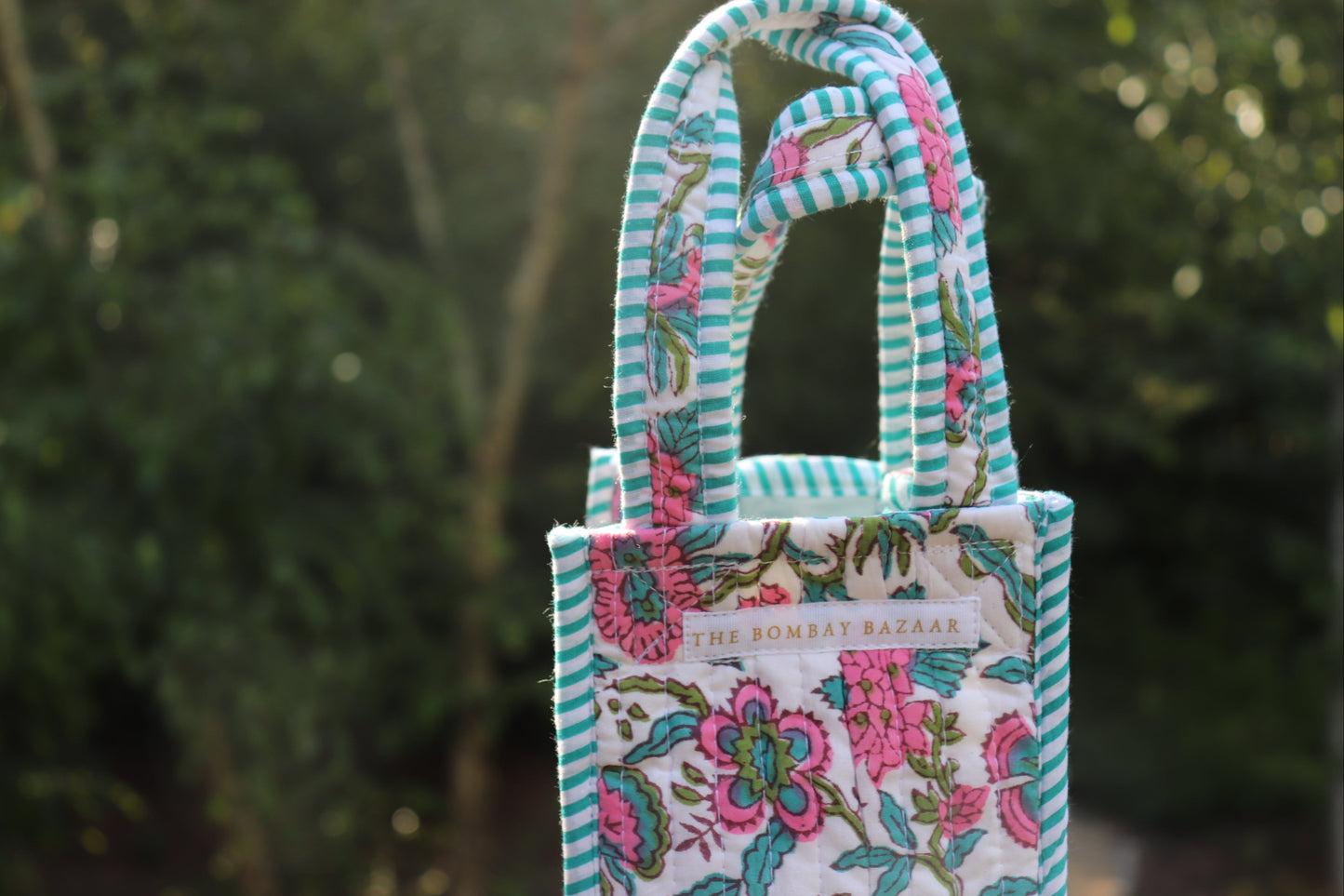Gulmohar Trail Quilted Wine Tote Bag – Block Print Bottle Carrier, Reusable Cotton Hostess Gift
