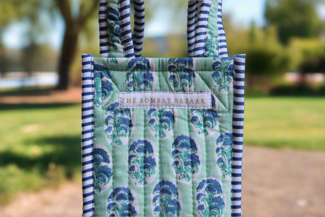 Jaipur Breeze Quilted Wine Tote Bag – Block Print Bottle Carrier, Reusable Cotton Hostess Gift