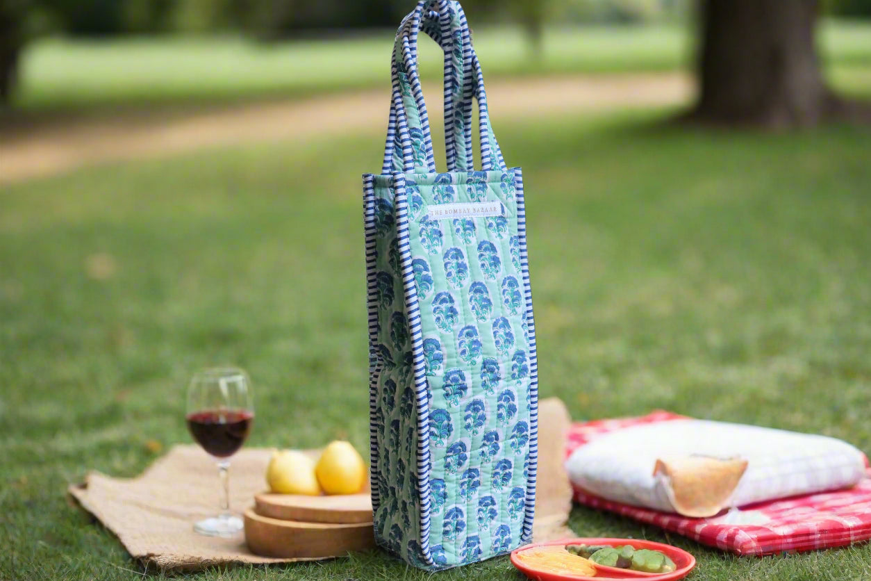 Jaipur Breeze Quilted Wine Tote Bag – Block Print Bottle Carrier, Reusable Cotton Hostess Gift