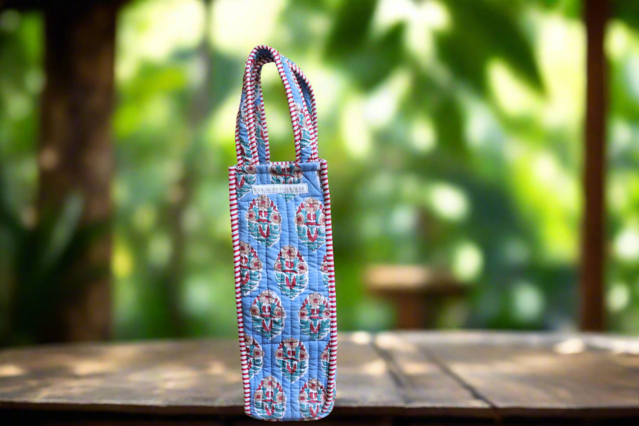 Sky Garden Quilted Wine Tote Bag – Block Print Bottle Carrier, Reusable Cotton Hostess Gift