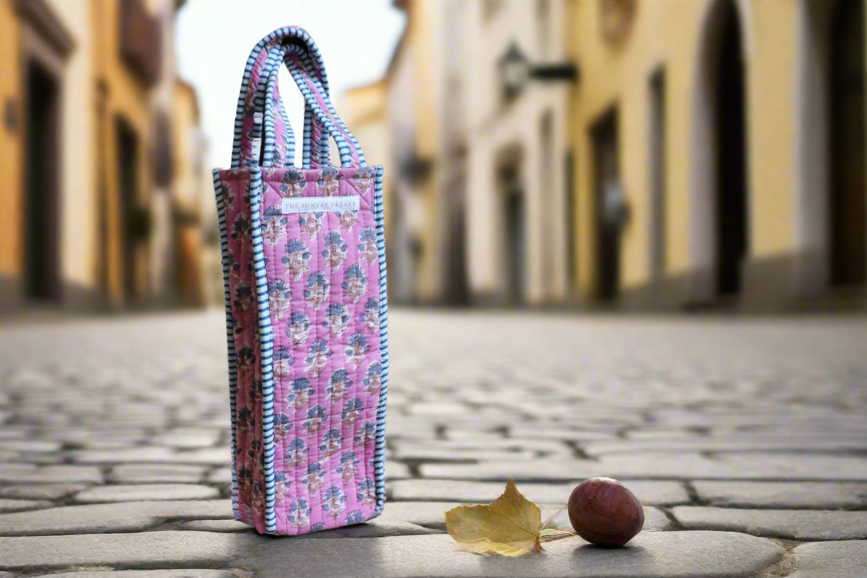 Pink Bloom Quilted Wine Tote Bag – Block Print Bottle Carrier, Reusable Cotton Hostess Gift