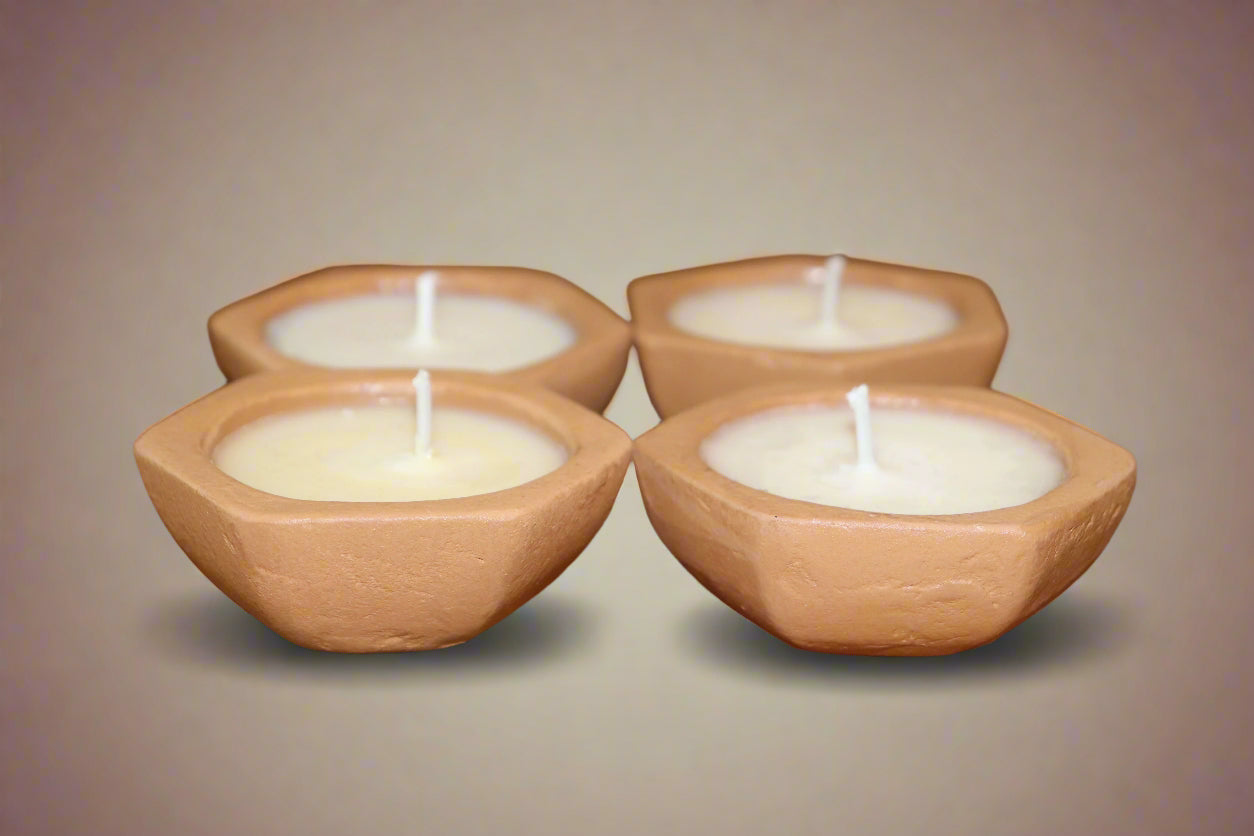 Clay Diya Candles • Set of 4 Natural Soy Wax Diyas • Chai or Litchi-Rose Scent • Festive Gift for Diwali, Weddings, Housewarming