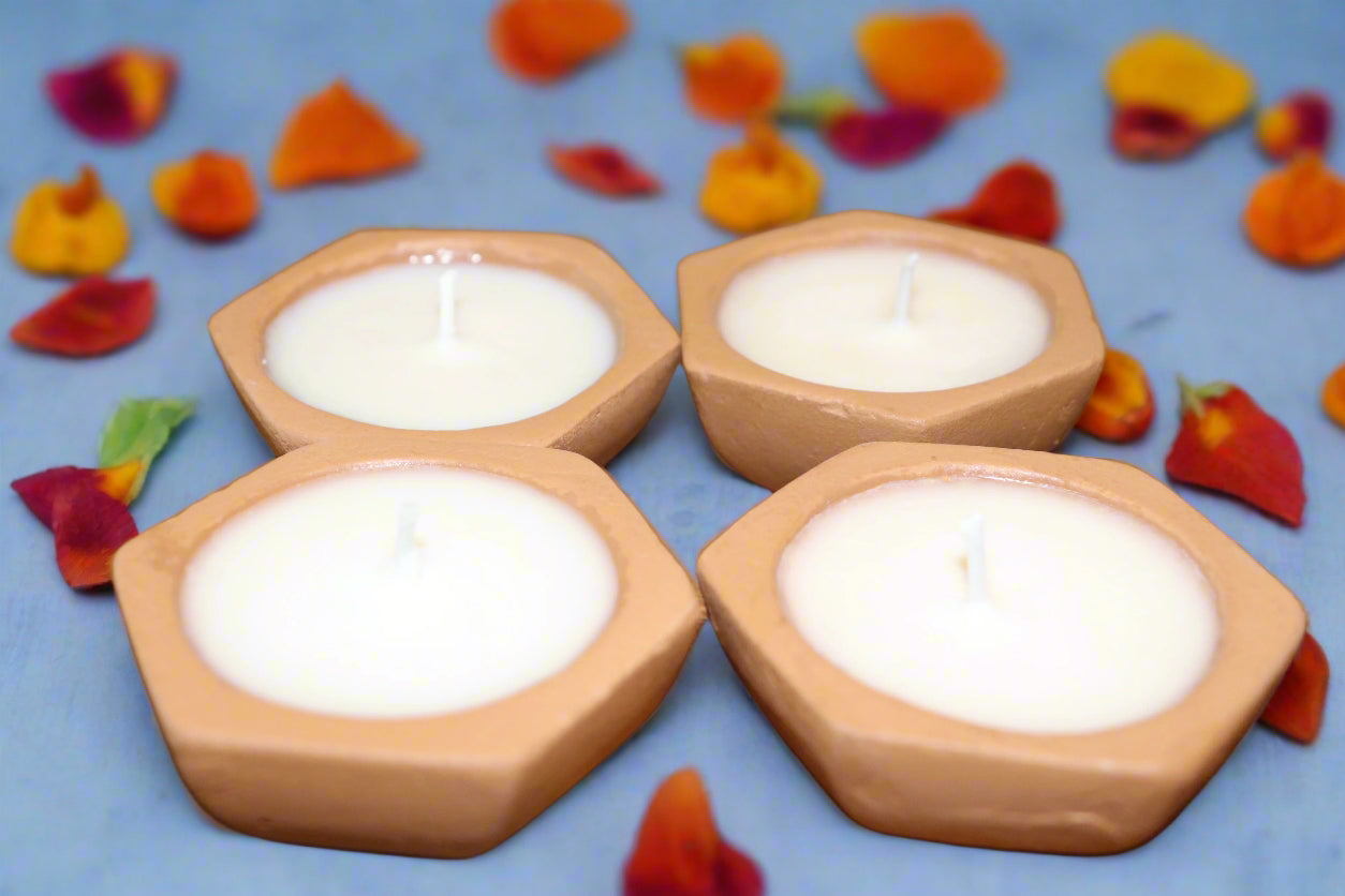 Clay Diya Candles • Set of 4 Natural Soy Wax Diyas • Chai or Litchi-Rose Scent • Festive Gift for Diwali, Weddings, Housewarming