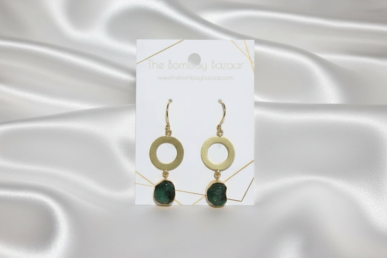 Gold Circle Gemstone Earrings • Modern Dangle Earrings • Raw Green Stone Drops • Minimal Elegant Jewelry