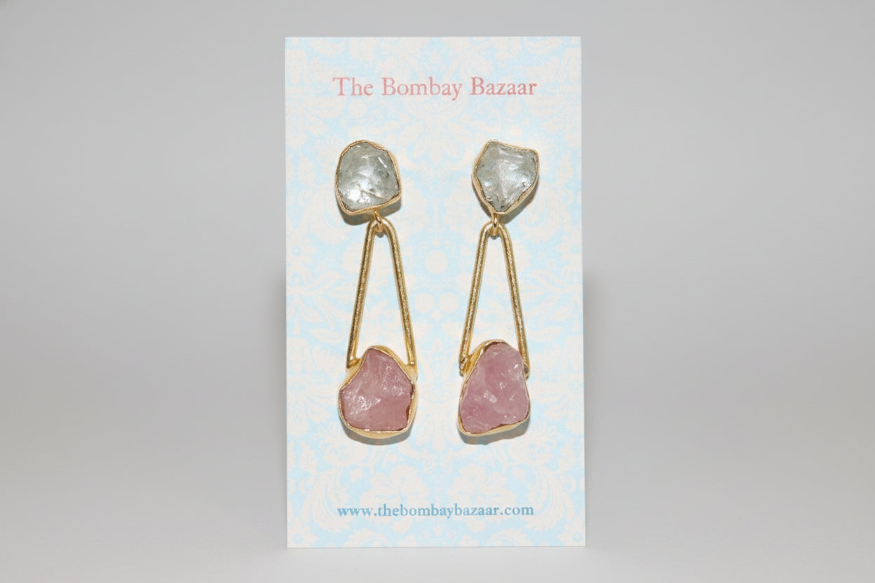 Raw Gemstone Drop Earrings • Modern Gold Dangle Earrings • Two-Tone Stone Jewelry • Elegant Statement Earrings