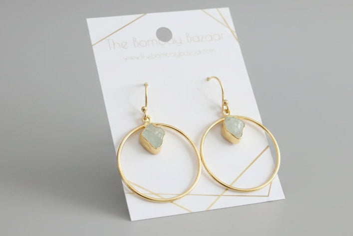 Holiday Gold Hoop Earrings • Raw Green Stone Dangle Earrings • Festive Party Jewelry • Elegant Lightweight Gift for Her