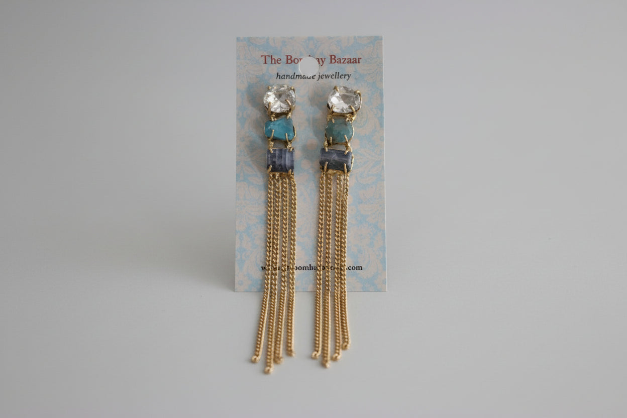 Long Gemstone Tassel Earrings • Gold Chain Statement Earrings • Modern Elegant Jewelry • Blue Stone Drops
