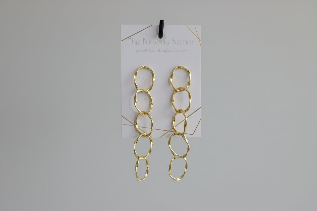 Gold Link Statement Earrings • Modern Long Dangle Earrings • Hammered Chain Drops • Lightweight Elegant Jewelry