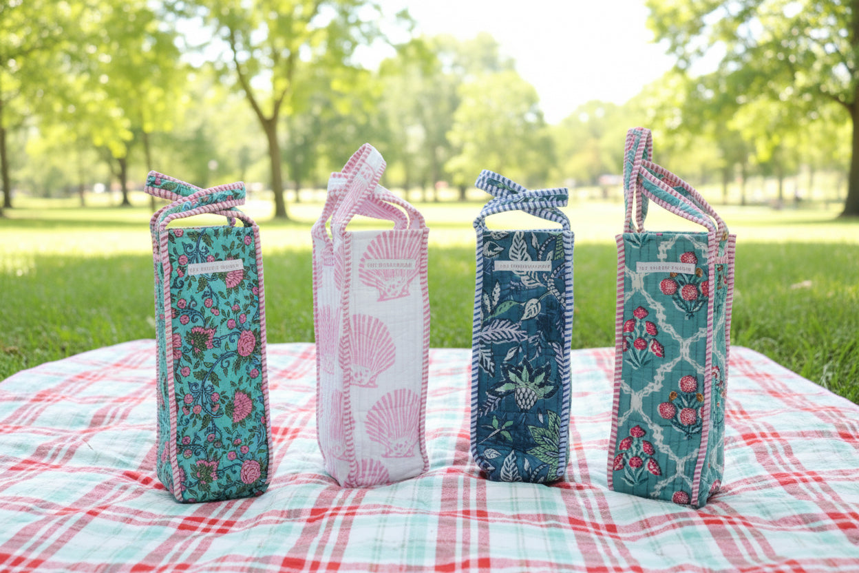 A Lil bit of Blush- Quilted Block Print Wine Tote Bag – Reusable, Handmade Hostess Gift, Holiday Gift Bag