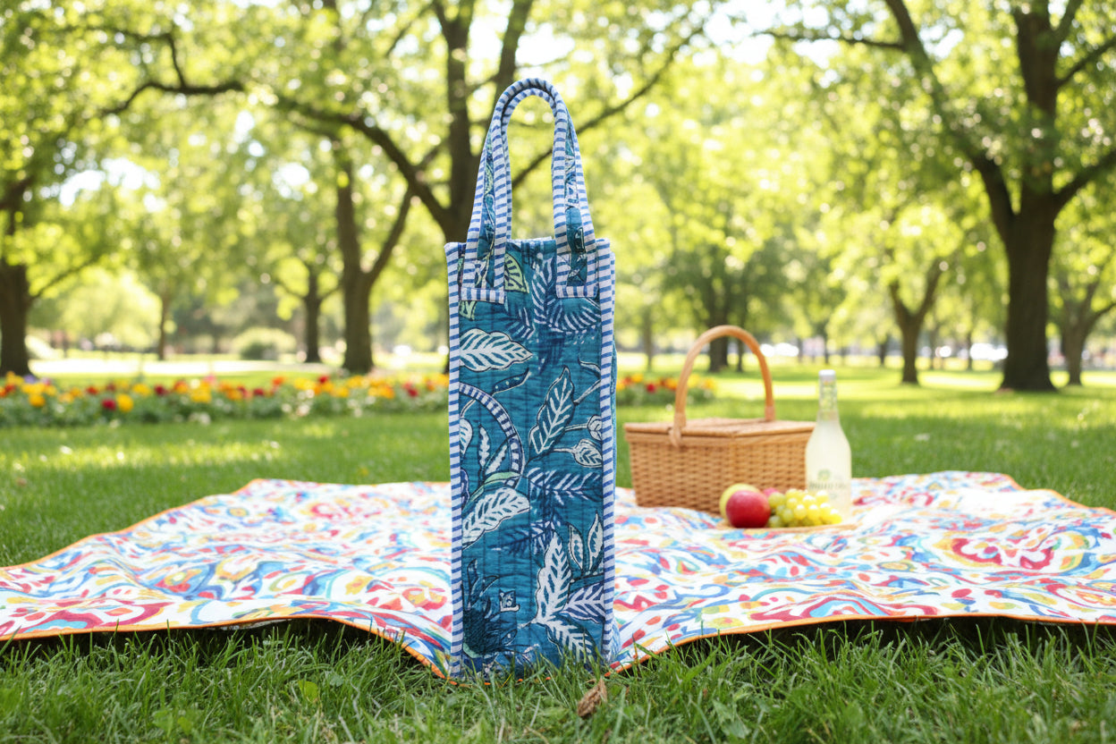 Pura Vida Quilted Block Print Wine Tote Bag - Reusable, Handmade Hostess Gift, Holiday Gift Bag