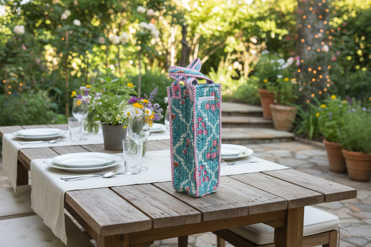 Spring Garden Quilted Block Print Wine Tote Bag - Reusable, Handmade Hostess Gift, Holiday Gift Bag
