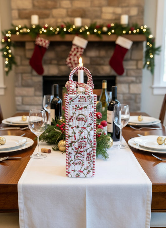 Quilted Holiday Wine Bag | Reusable Hostess Gift Bag | Christmas Bottle Tote | Handmade