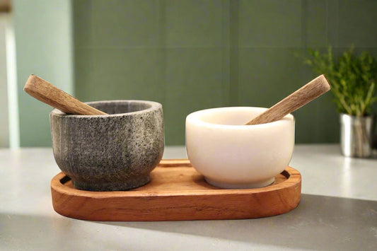 Set of 2 condiment bowls with wooden tray