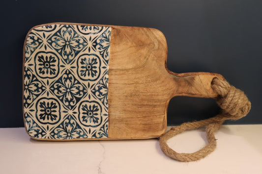 Wooden Serving Board with Blue Design