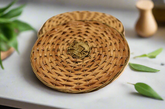 Round Cane and Brass Coasters (Set of 4)