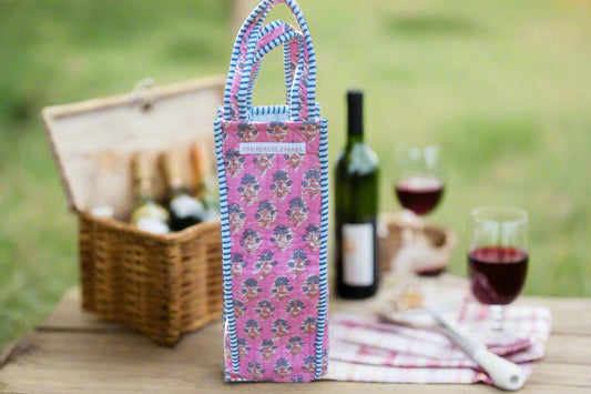 Pink Bloom Quilted Wine Tote Bag – Block Print Bottle Carrier, Reusable Cotton Hostess Gift