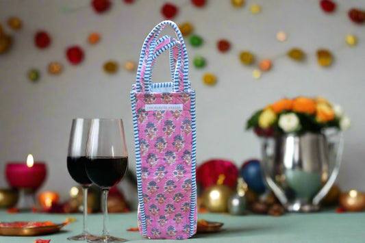 Pink Bloom Quilted Wine Tote Bag – Block Print Bottle Carrier, Reusable Cotton Hostess Gift