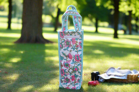 Gulmohar Trail Quilted Wine Tote Bag – Block Print Bottle Carrier, Reusable Cotton Hostess Gift