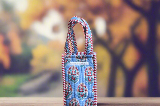 Sky Garden Quilted Wine Tote Bag – Block Print Bottle Carrier, Reusable Cotton Hostess Gift