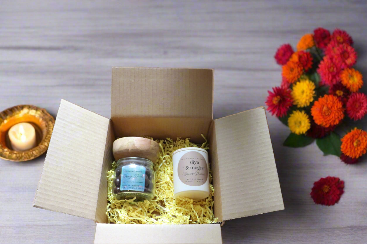 Diwali Gift Set – Jasmine Candle & Glass Bowl with Wooden Cover + Chocolate Almonds | Festive Gift Bundle