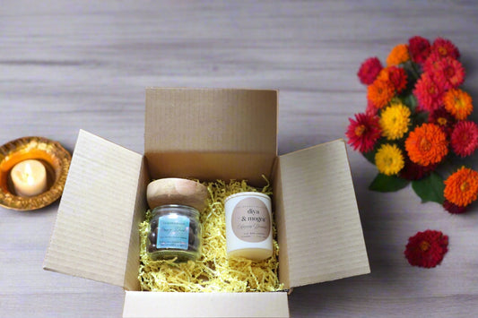 Diwali Gift Set – Jasmine Candle & Glass Bowl with Wooden Cover + Chocolate Almonds | Festive Gift Bundle