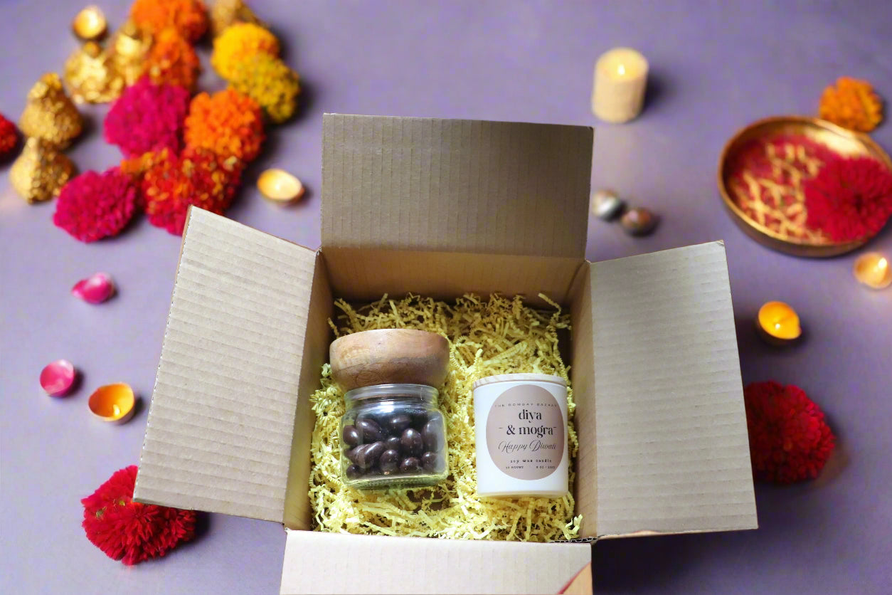 Diwali Gift Set – Jasmine Candle & Glass Bowl with Wooden Cover + Chocolate Almonds | Festive Gift Bundle