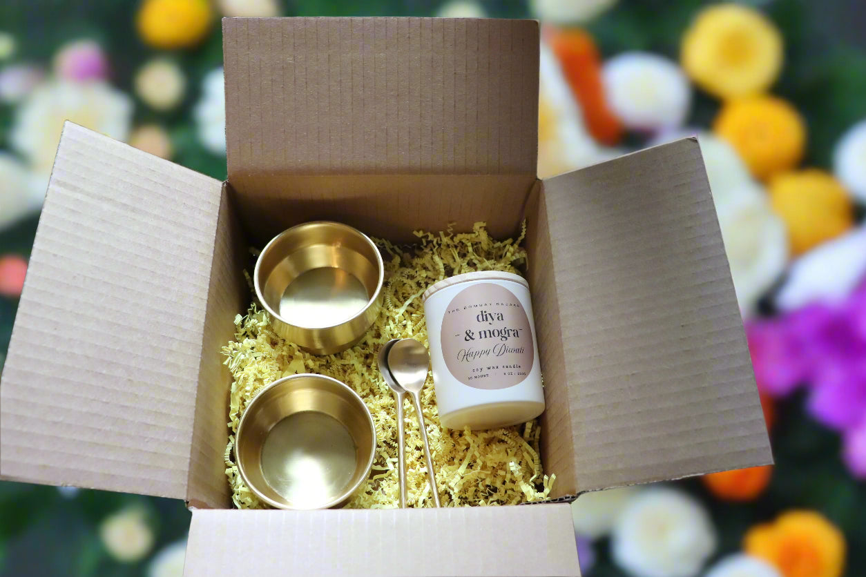 Diwali Gift Set – Brass Dessert Bowls (Set of 2) & Jasmine Candle | Luxury Festive Gift Bundle