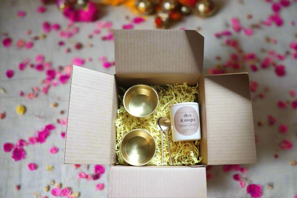 Diwali Gift Set – Brass Dessert Bowls (Set of 2) & Jasmine Candle | Luxury Festive Gift Bundle