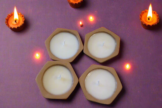 Clay Diya Candles • Set of 4 Natural Soy Wax Diyas • Chai or Litchi-Rose Scent • Festive Gift for Diwali, Weddings, Housewarming