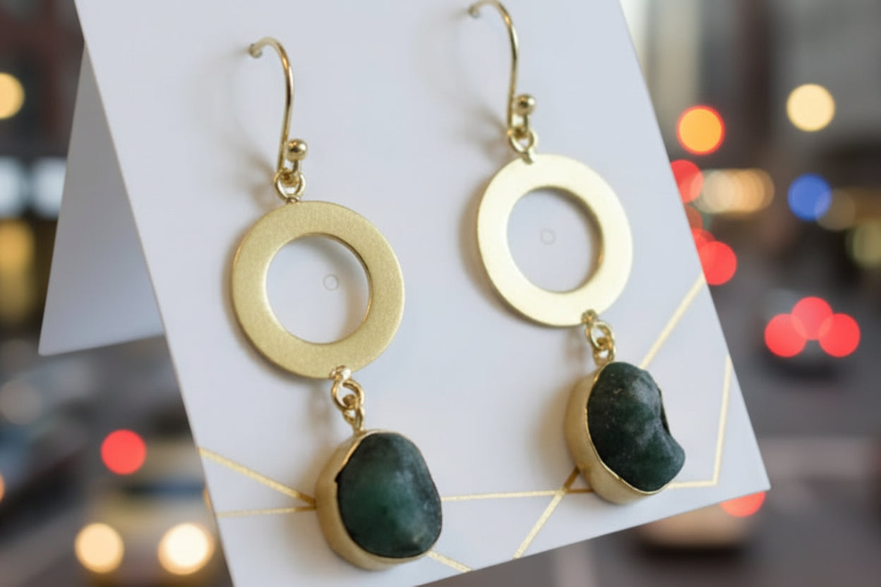 Gold Circle Gemstone Earrings • Modern Dangle Earrings • Raw Green Stone Drops • Minimal Elegant Jewelry