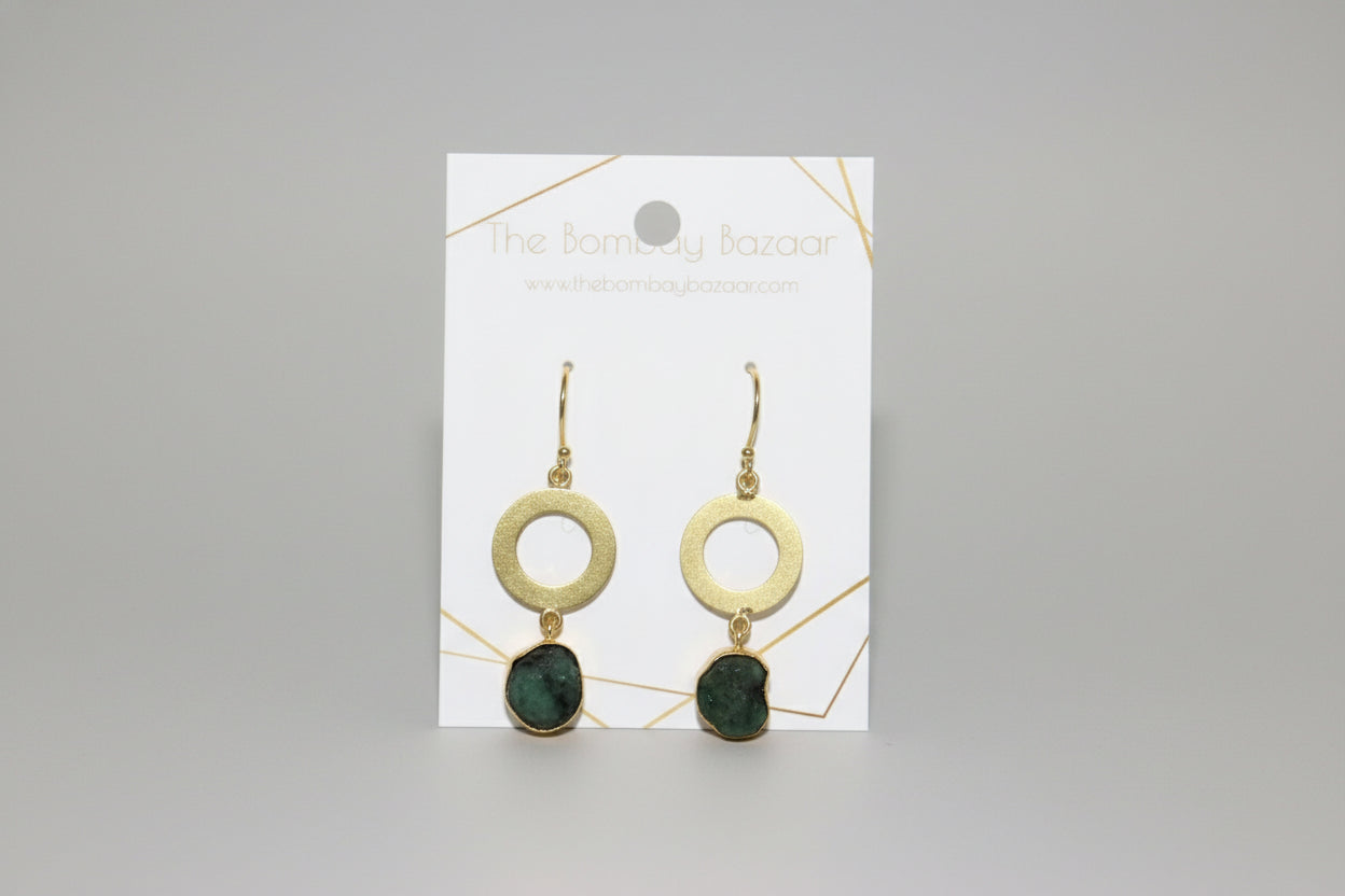 Gold Circle Gemstone Earrings • Modern Dangle Earrings • Raw Green Stone Drops • Minimal Elegant Jewelry