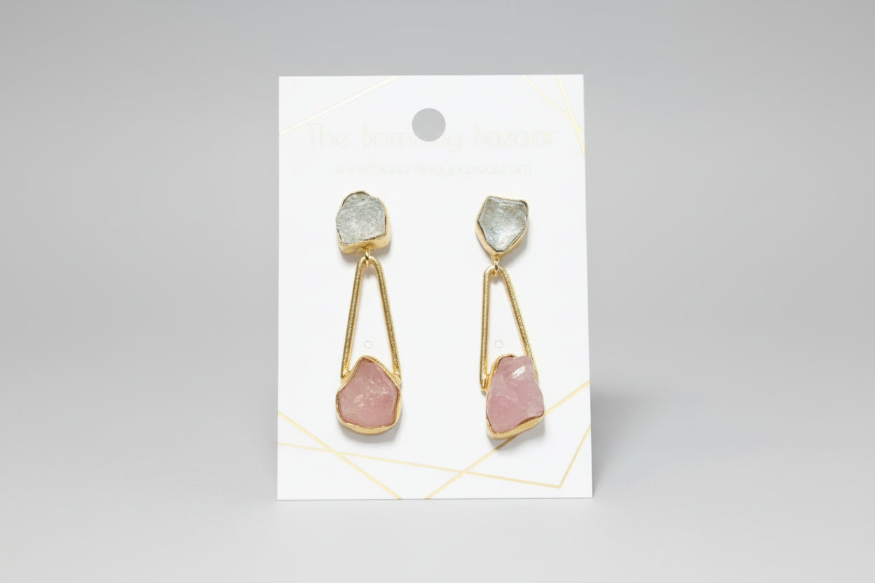 Raw Gemstone Drop Earrings • Modern Gold Dangle Earrings • Two-Tone Stone Jewelry • Elegant Statement Earrings