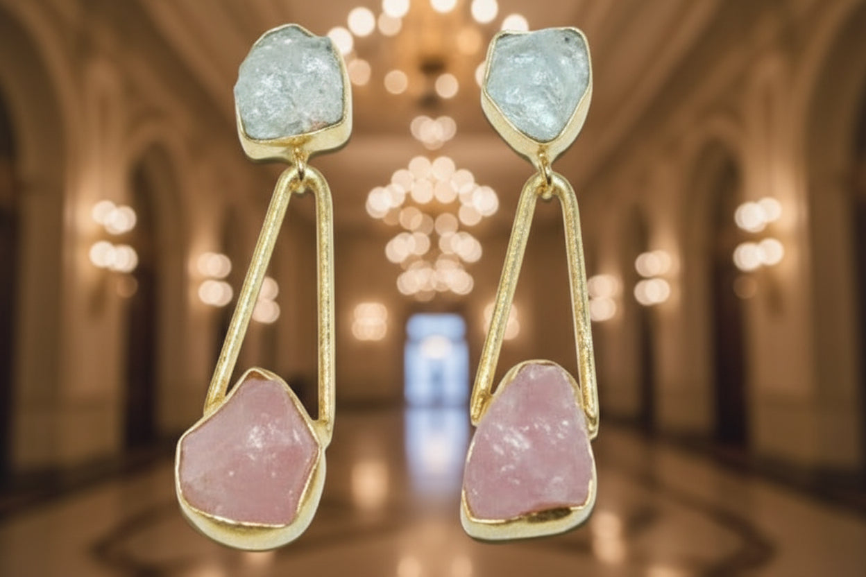 Raw Gemstone Drop Earrings • Modern Gold Dangle Earrings • Two-Tone Stone Jewelry • Elegant Statement Earrings