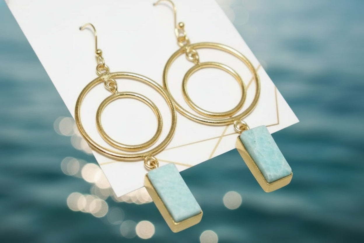 Gold Hoop Drop Earrings • Modern Double Circle Earrings • Amazonite Stone Dangles • Elegant Minimalist Jewelry •