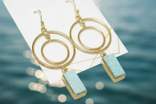 Gold Hoop Drop Earrings • Modern Double Circle Earrings • Amazonite Stone Dangles • Elegant Minimalist Jewelry •