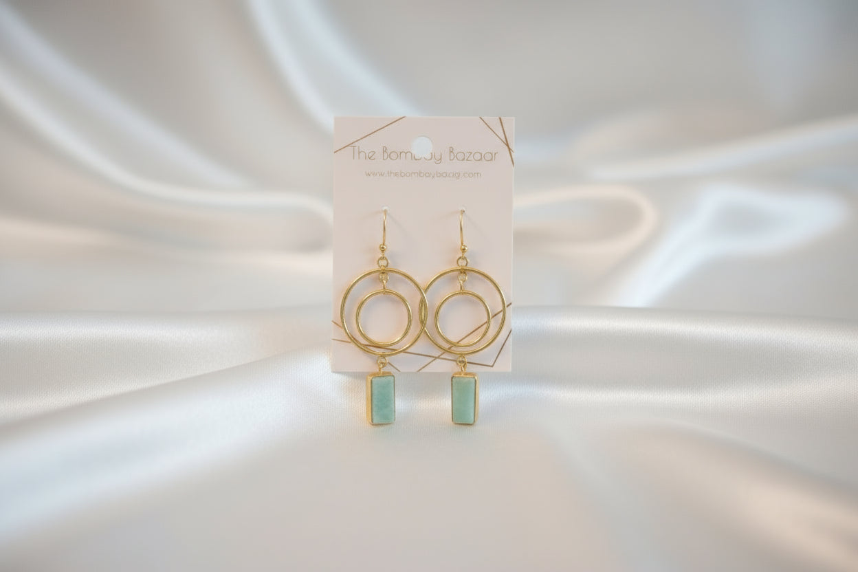 Gold Hoop Drop Earrings • Modern Double Circle Earrings • Amazonite Stone Dangles • Elegant Minimalist Jewelry •