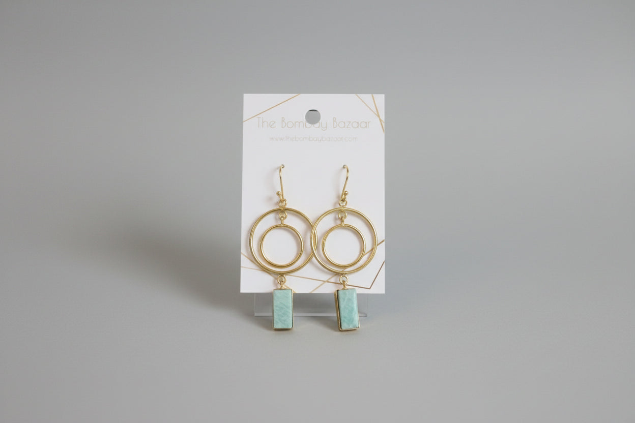 Gold Hoop Drop Earrings • Modern Double Circle Earrings • Amazonite Stone Dangles • Elegant Minimalist Jewelry •