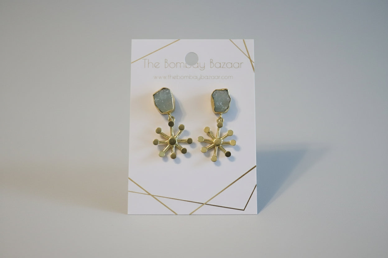 Gold Starburst Drop Earrings • Raw Stone Statement Earrings • Modern Artistic Jewelry • Elegant Dangle Earrings