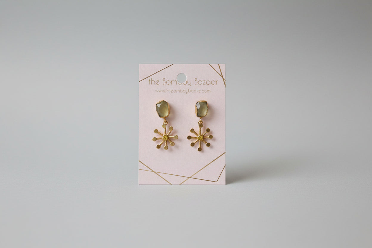 Gold Starburst Drop Earrings • Raw Stone Statement Earrings • Modern Artistic Jewelry • Elegant Dangle Earrings