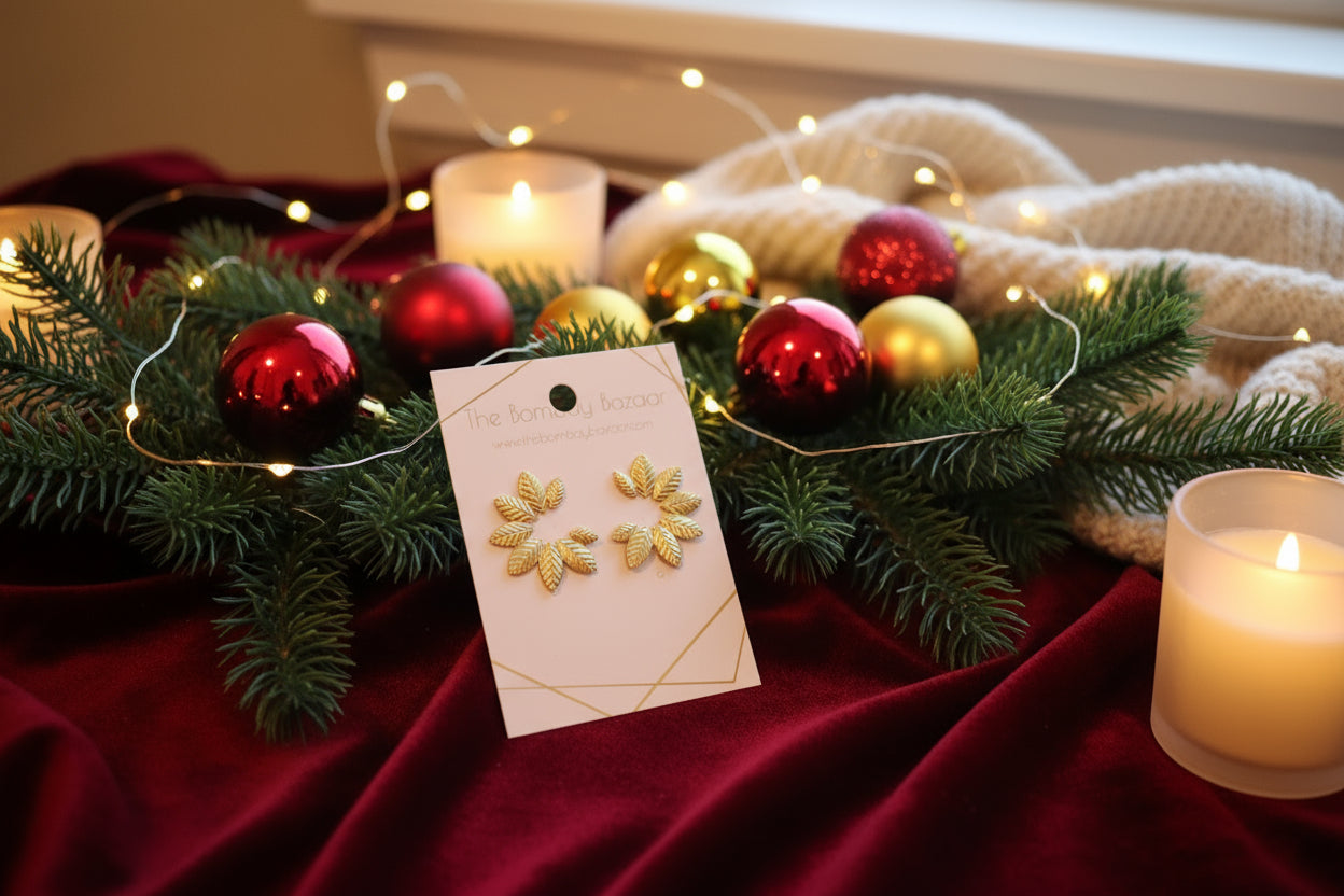 Gold Leaf Statement Earrings • Golden Wreath Studs • Nature Inspired Jewelry • Holiday Gift for Her • Lightweight Everyday Earrings